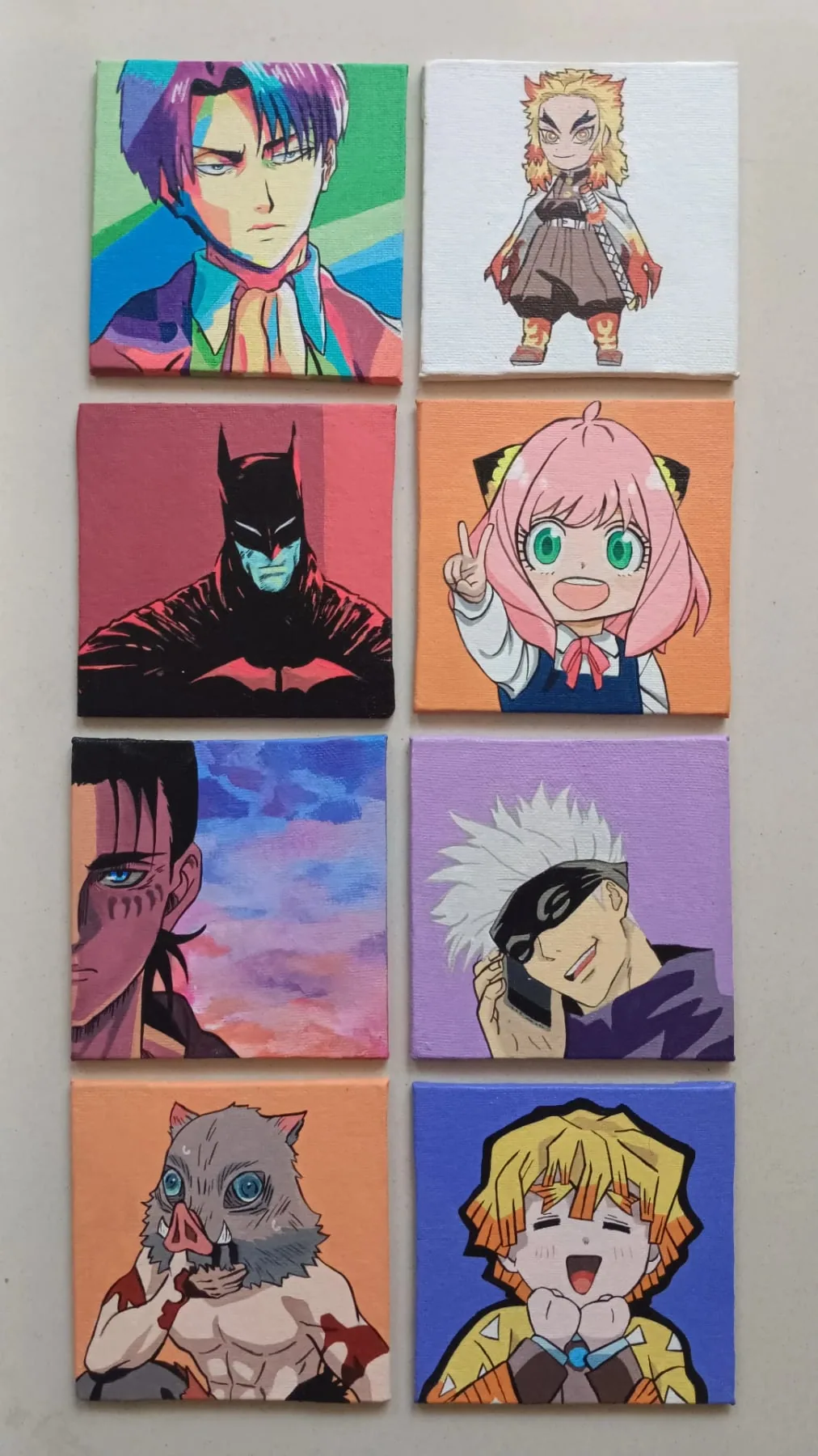Set of hand-painted acrylic mini canvases featuring Levi Ackerman, Anya Forger, Batman, Satoru Gojo, Inosuke Hashibira and other characters.
