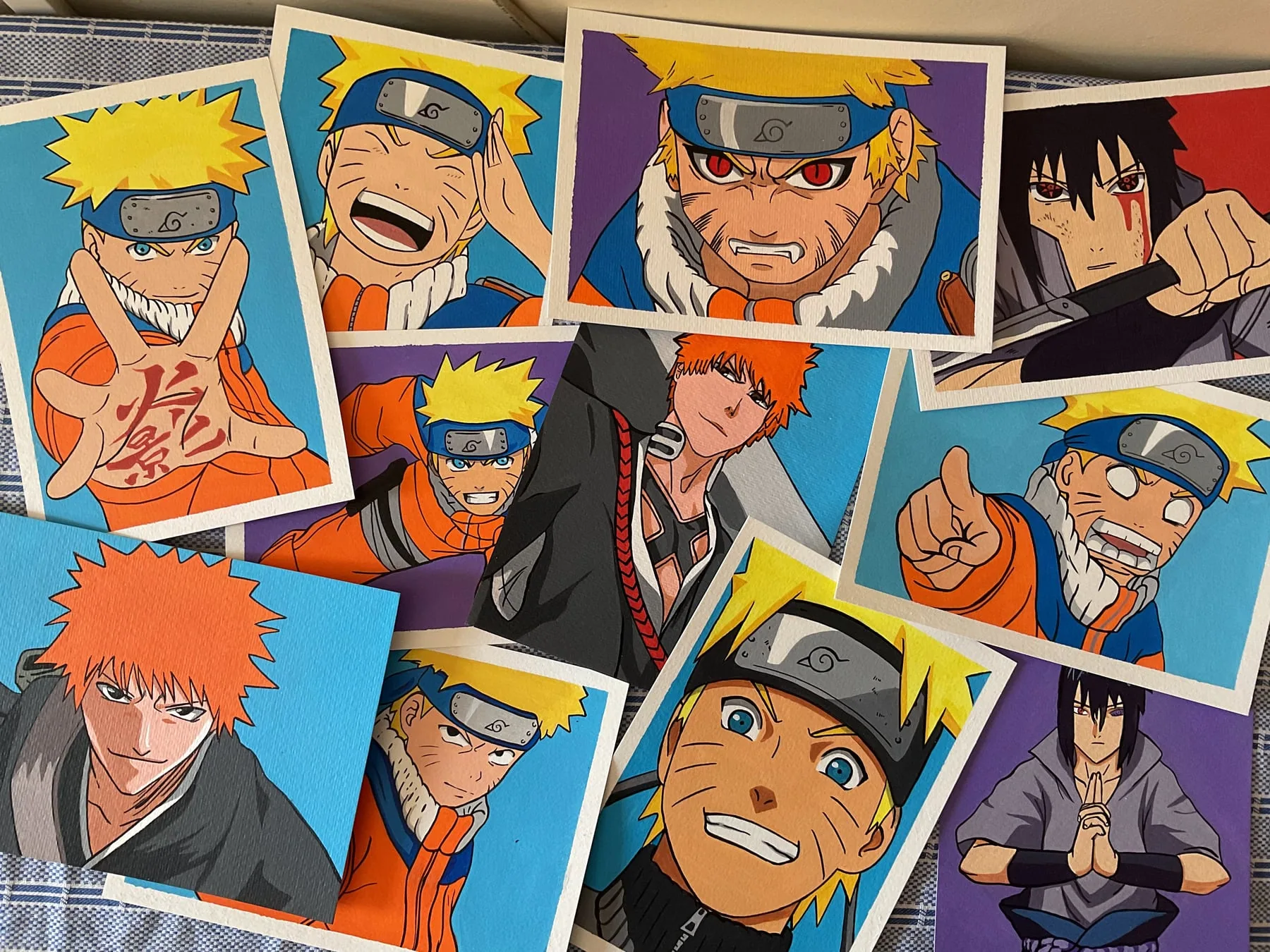 Collage of hand-painted anime character studies featuring Naruto Uzumaki, Sasuke Uchiha and other ninja portraits.