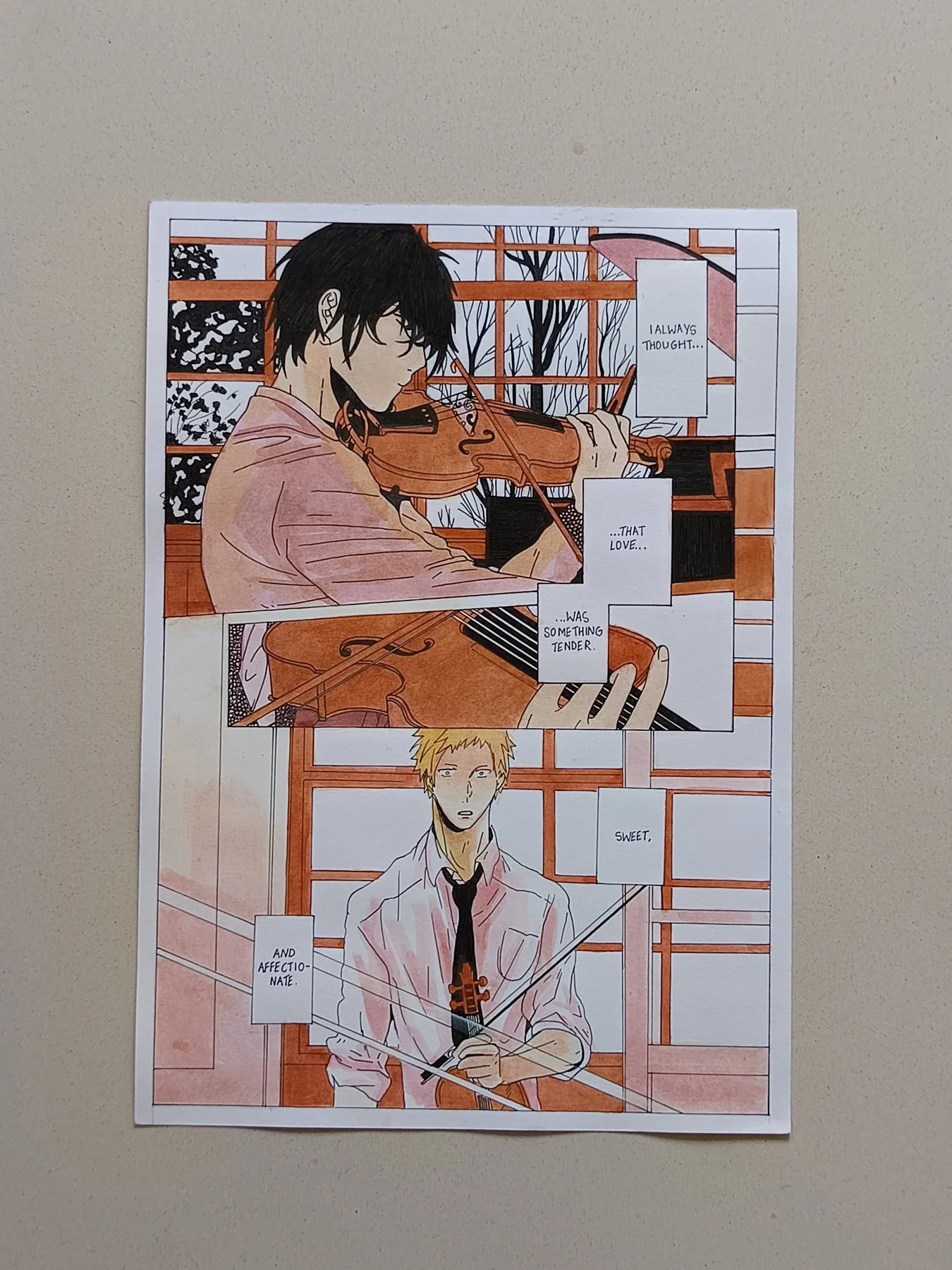 Hand-painted scene of Kaori Miyazono and Kousei Arima from Your Lie in April, with violin, classroom and music-room details.