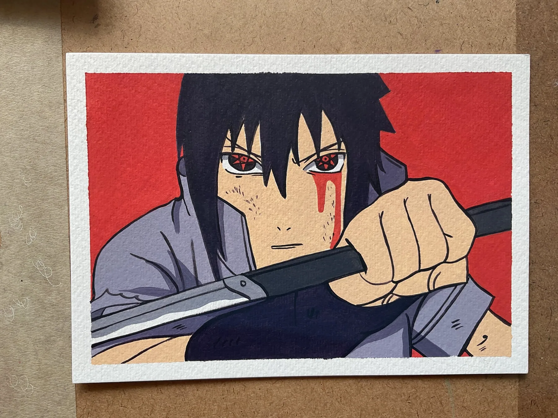 Hand-painted acrylic mini canvas of Sasuke Uchiha from Naruto holding a sword against a red background.