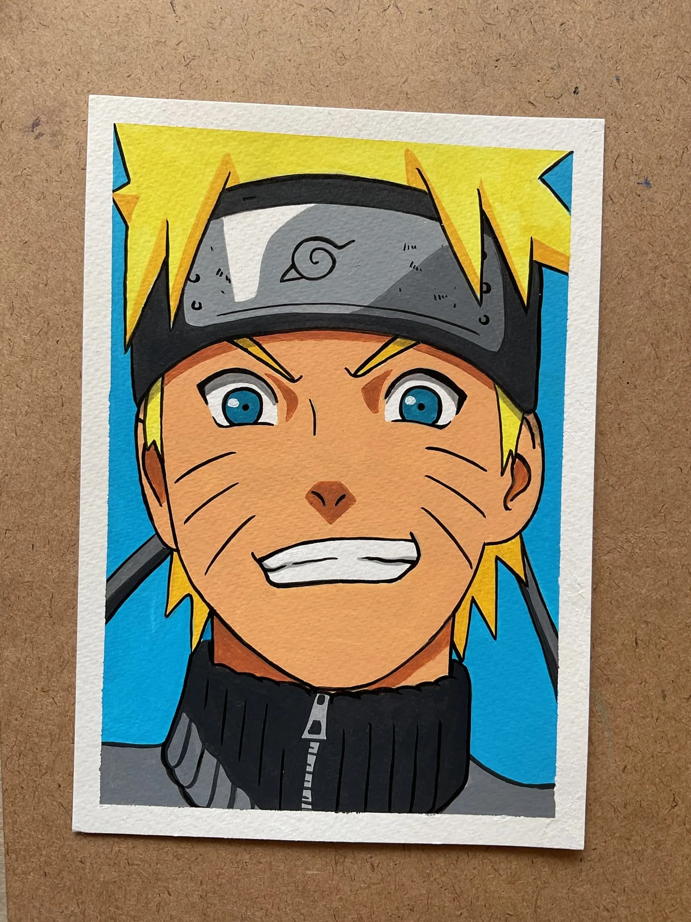 Hand-painted acrylic mini-canvas portrait of Naruto Uzumaki from Naruto against a bright blue background.