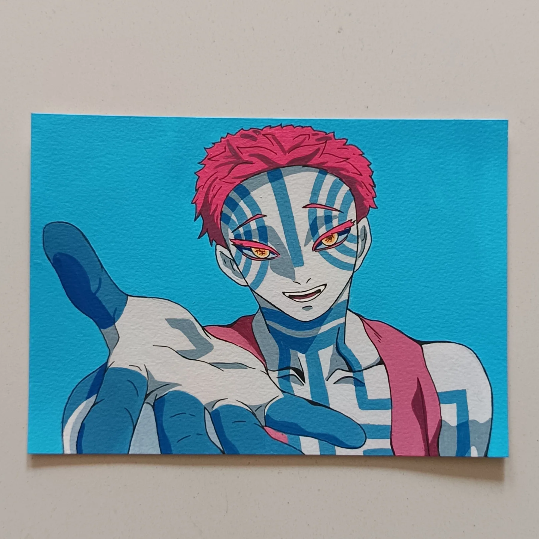 Hand-painted acrylic portrait of Akaza from Demon Slayer, with blue markings and a bright contrasting background.