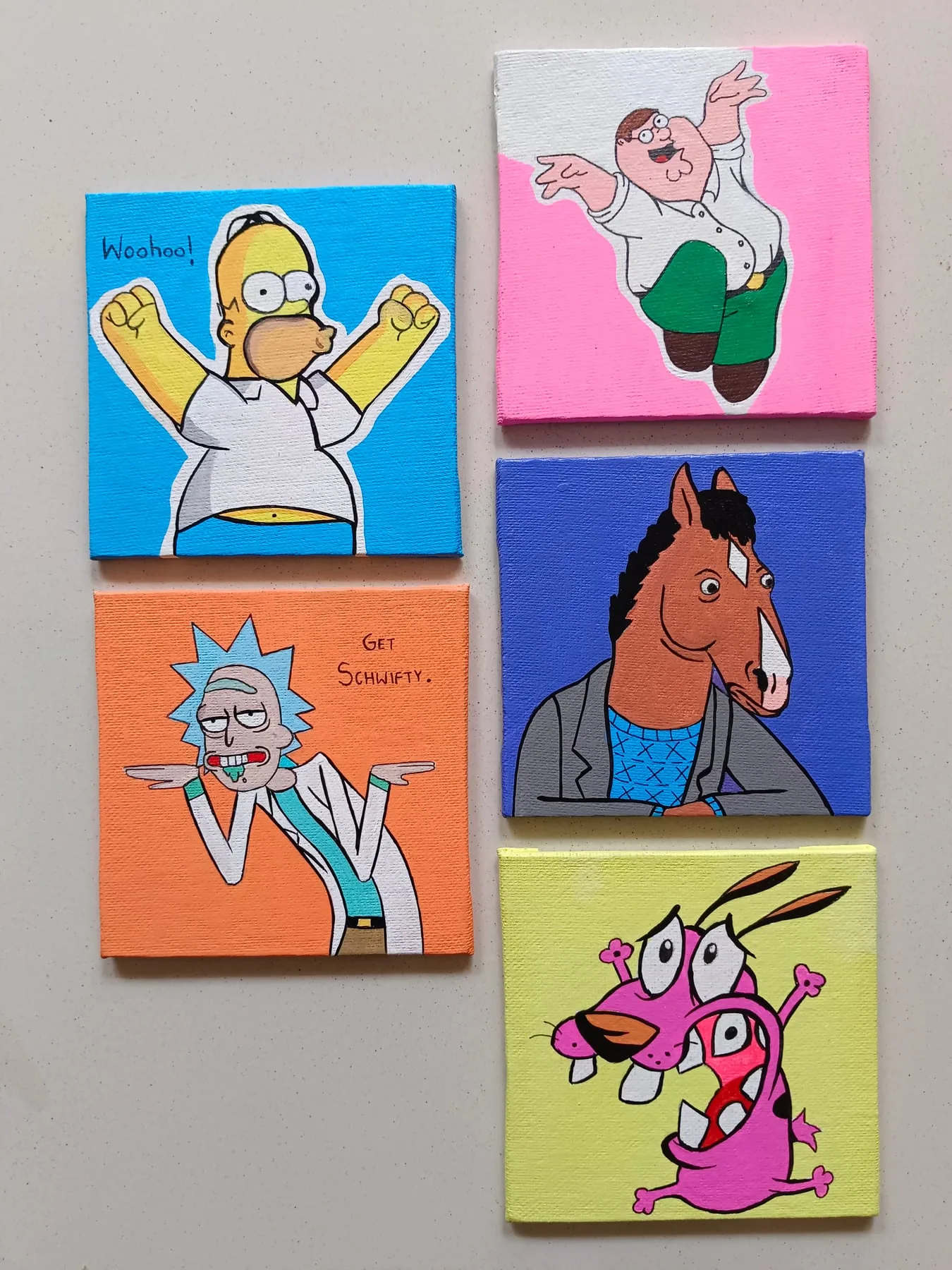 Hand-painted cartoon mini canvas set featuring Homer Simpson, Rick Sanchez, BoJack Horseman, Courage and Peter Griffin.