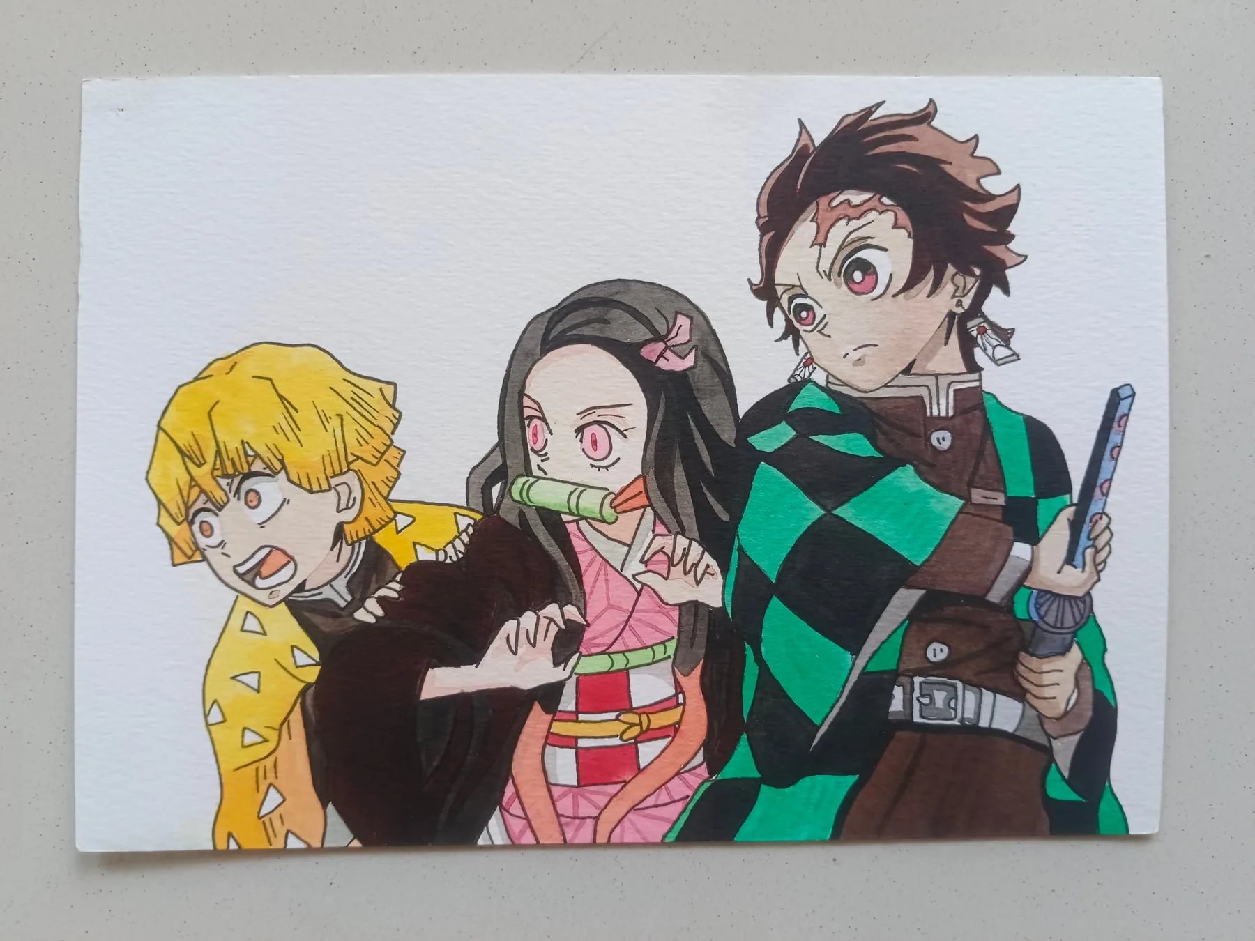 Hand-painted acrylic Demon Slayer group canvas featuring Zenitsu Agatsuma, Nezuko Kamado and Tanjiro Kamado with swords.