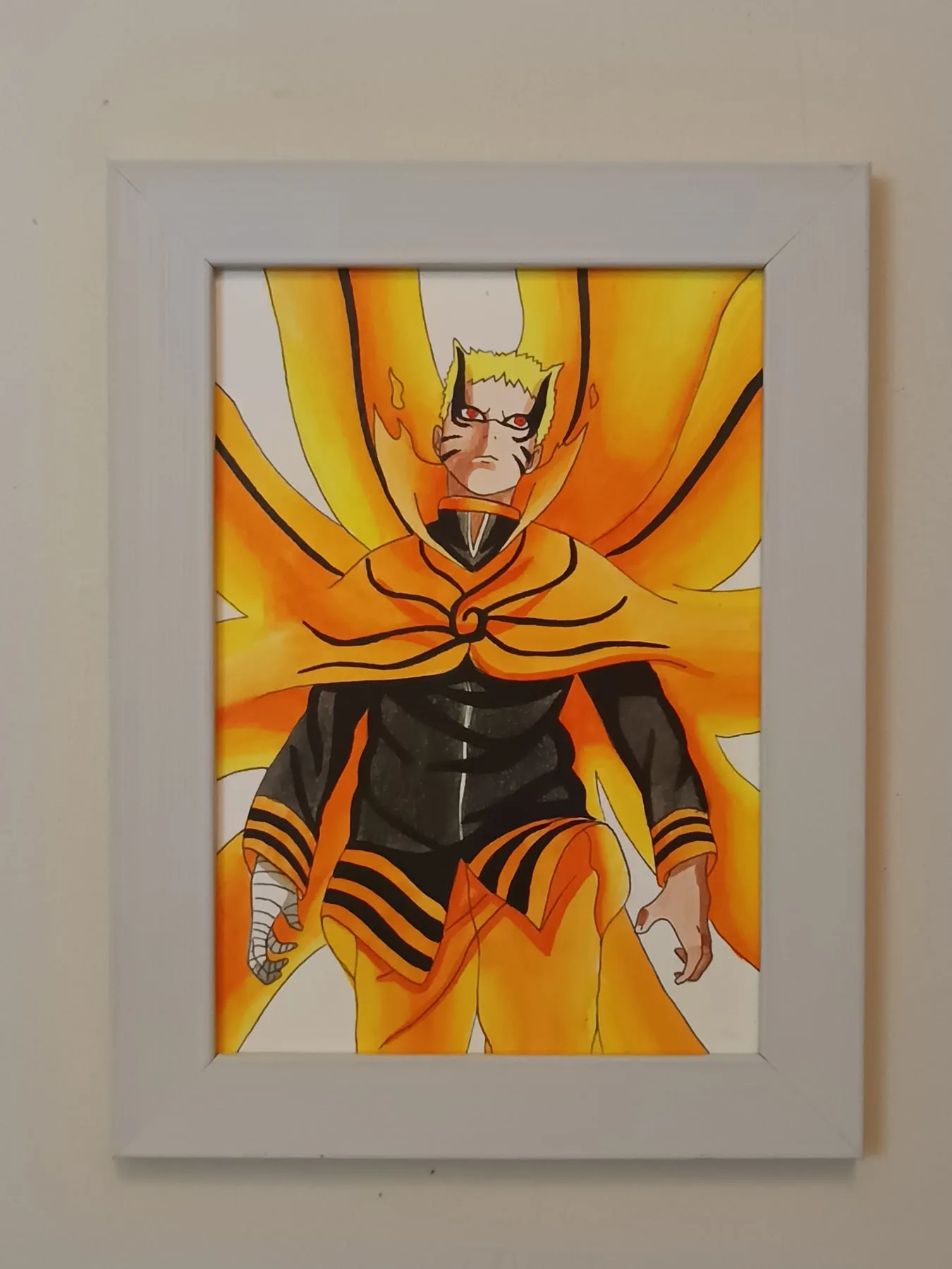 Framed acrylic fan painting of Naruto Uzumaki from Naruto in an orange chakra cloak with glowing yellow energy effects.