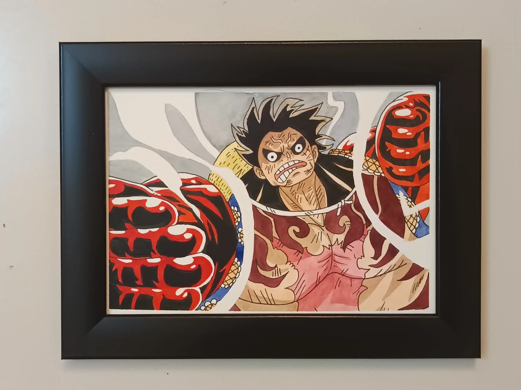 Framed acrylic action painting of Monkey D. Luffy from One Piece with bold red energy and motion effects.