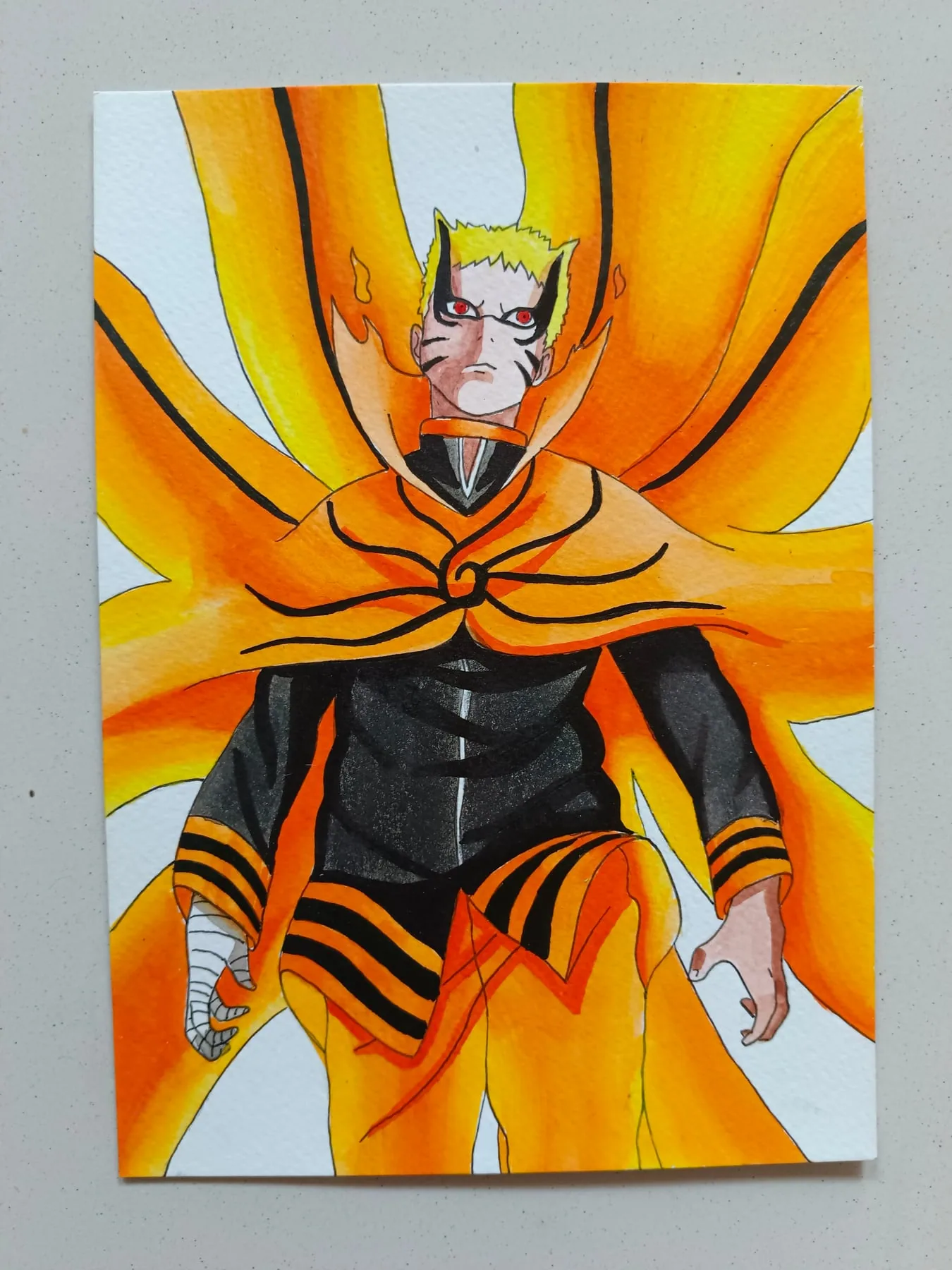 Hand-painted acrylic action artwork of Naruto Uzumaki from Naruto in an orange chakra cloak surrounded by glowing yellow energy.