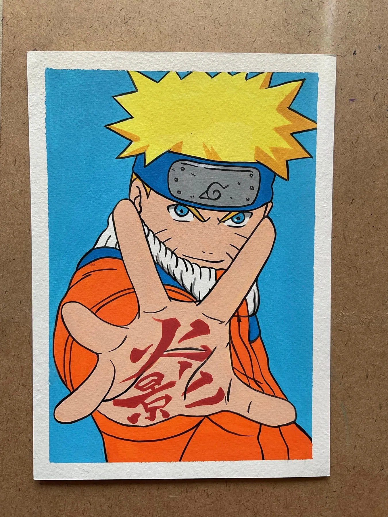 Hand-painted acrylic mini canvas of Naruto Uzumaki from Naruto in an orange outfit against a blue background.