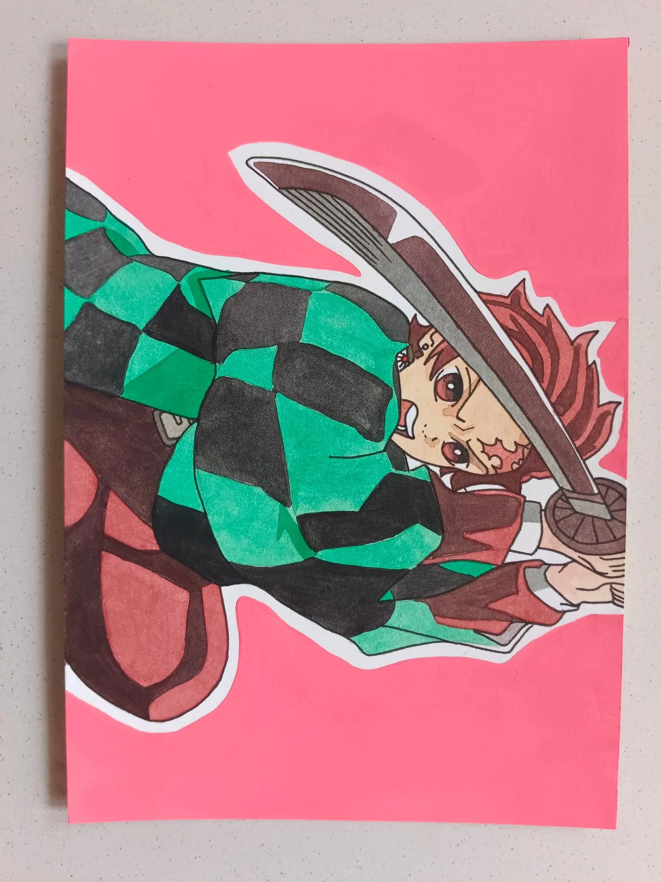 Hand-painted acrylic action painting of Tanjiro Kamado from Demon Slayer using a water-breathing sword technique on a pink background.