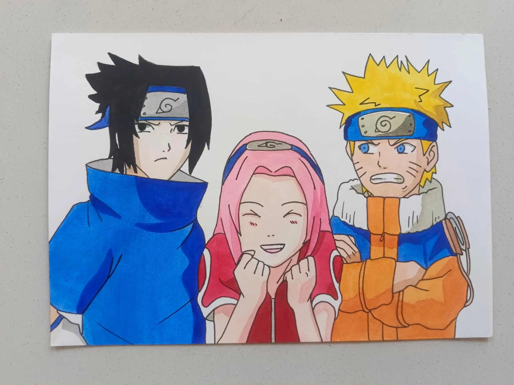 Hand-painted acrylic canvas featuring Sasuke Uchiha, Sakura Haruno and Naruto Uzumaki from Naruto in a Team 7 group portrait.