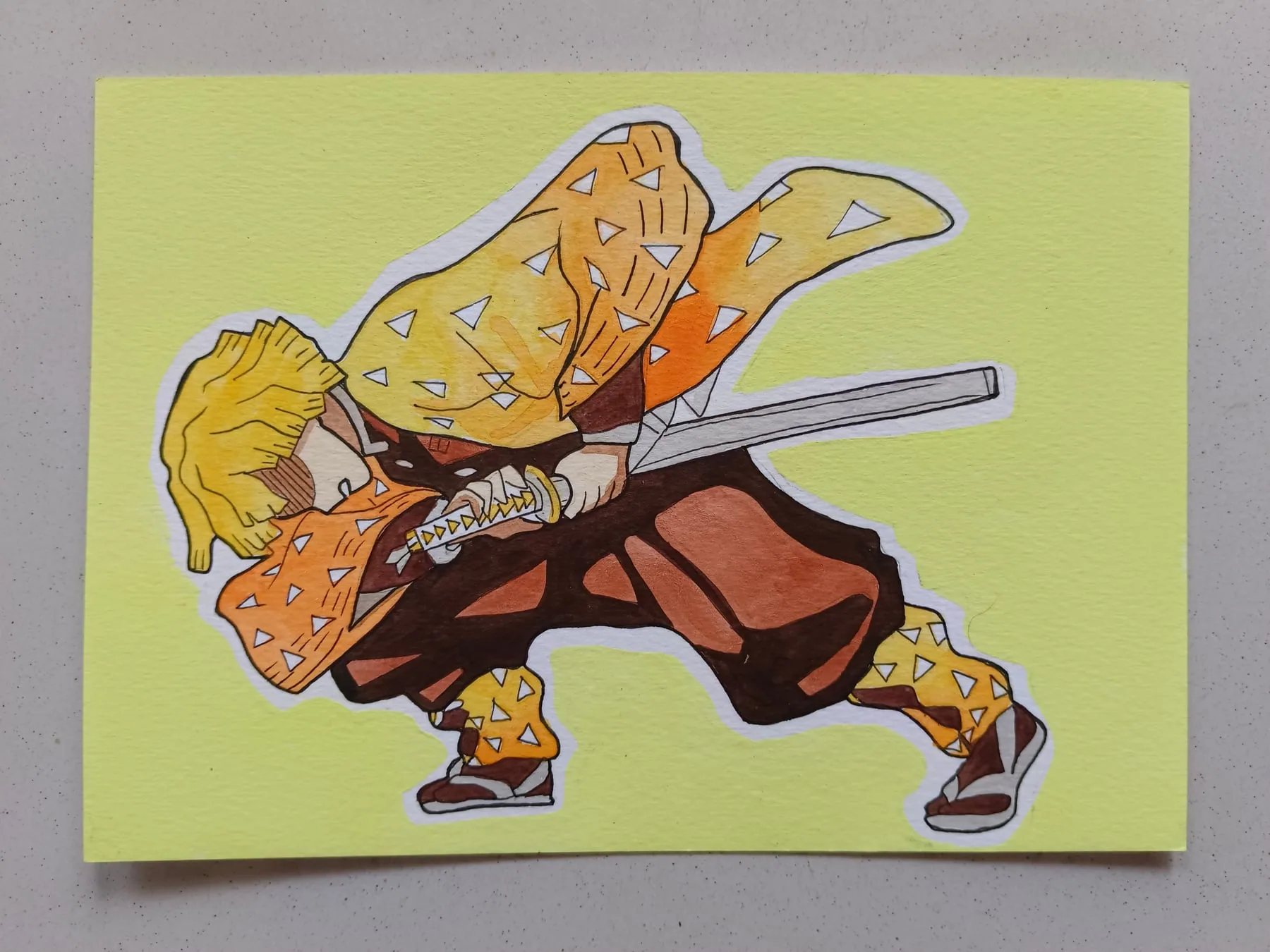 Hand-painted acrylic action painting of Zenitsu Agatsuma from Demon Slayer in a crouched sword pose against a pale-green background.