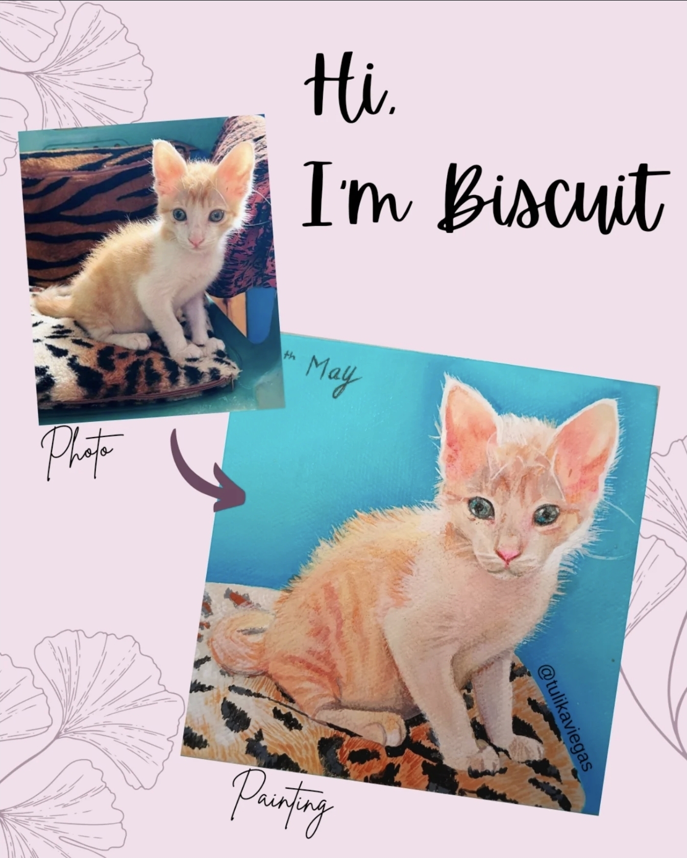 Hand-painted acrylic mini canvas portrait of an orange kitten on a warm background.