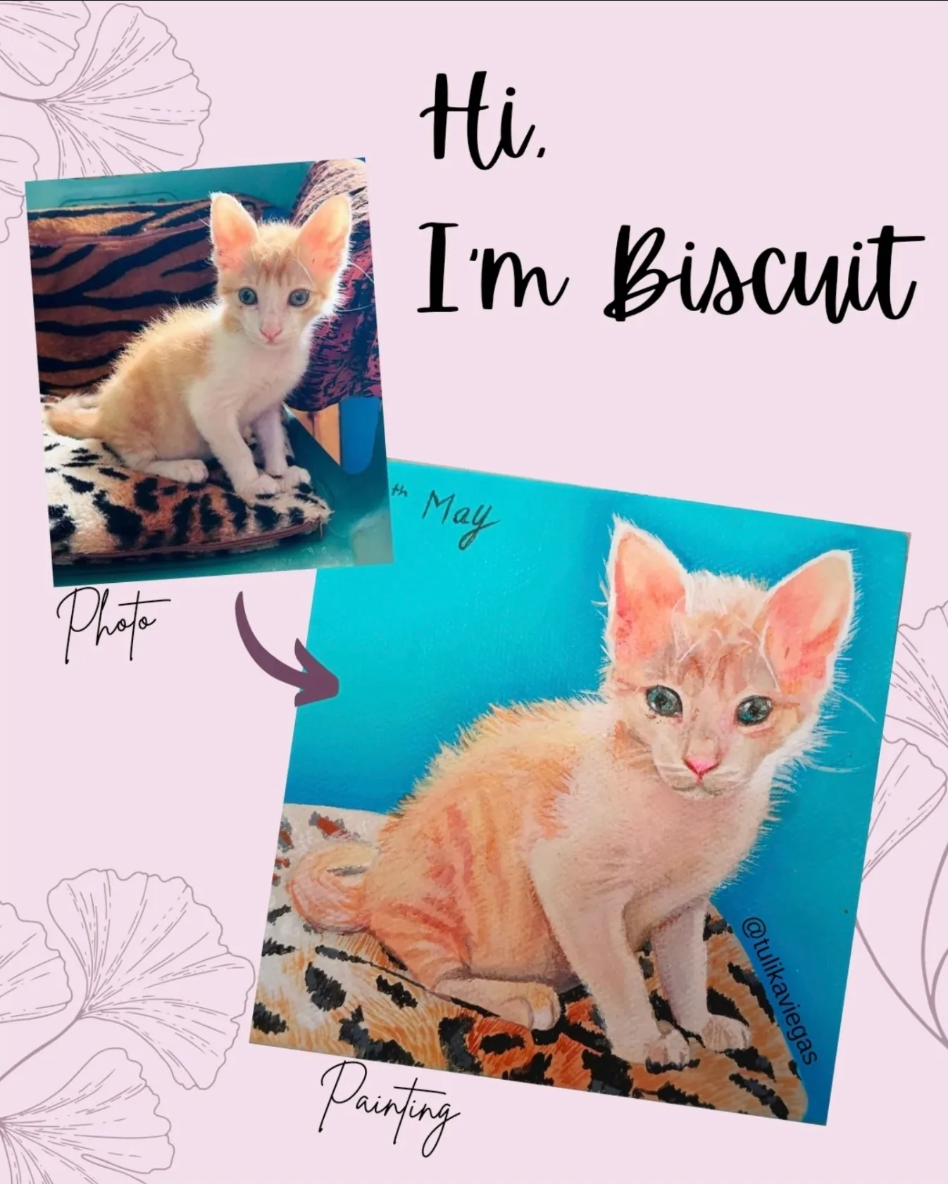 Hand-painted acrylic mini canvas portrait of an orange kitten on a warm background.