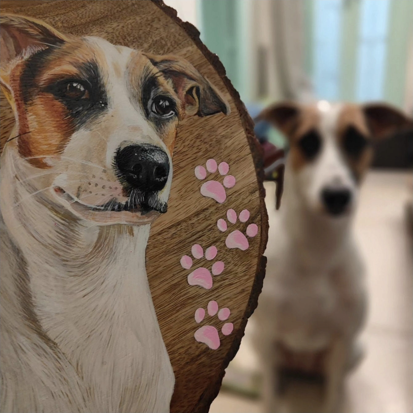 Jack Russell dog pet portrait painted on a round wood slice by Tulika Viegas