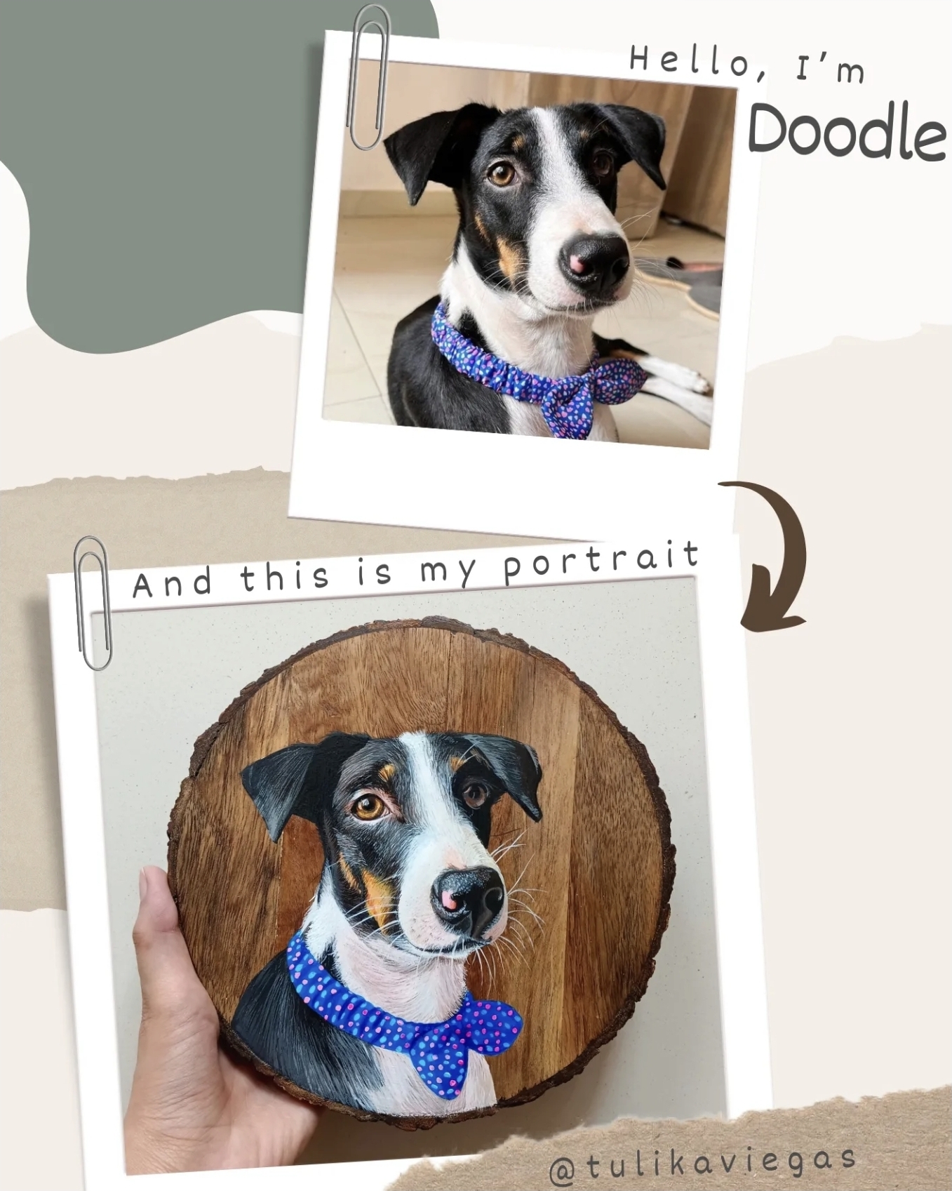 Black and white dog named Doodle painted on a round wood-slice pet portrait by Tulika Viegas