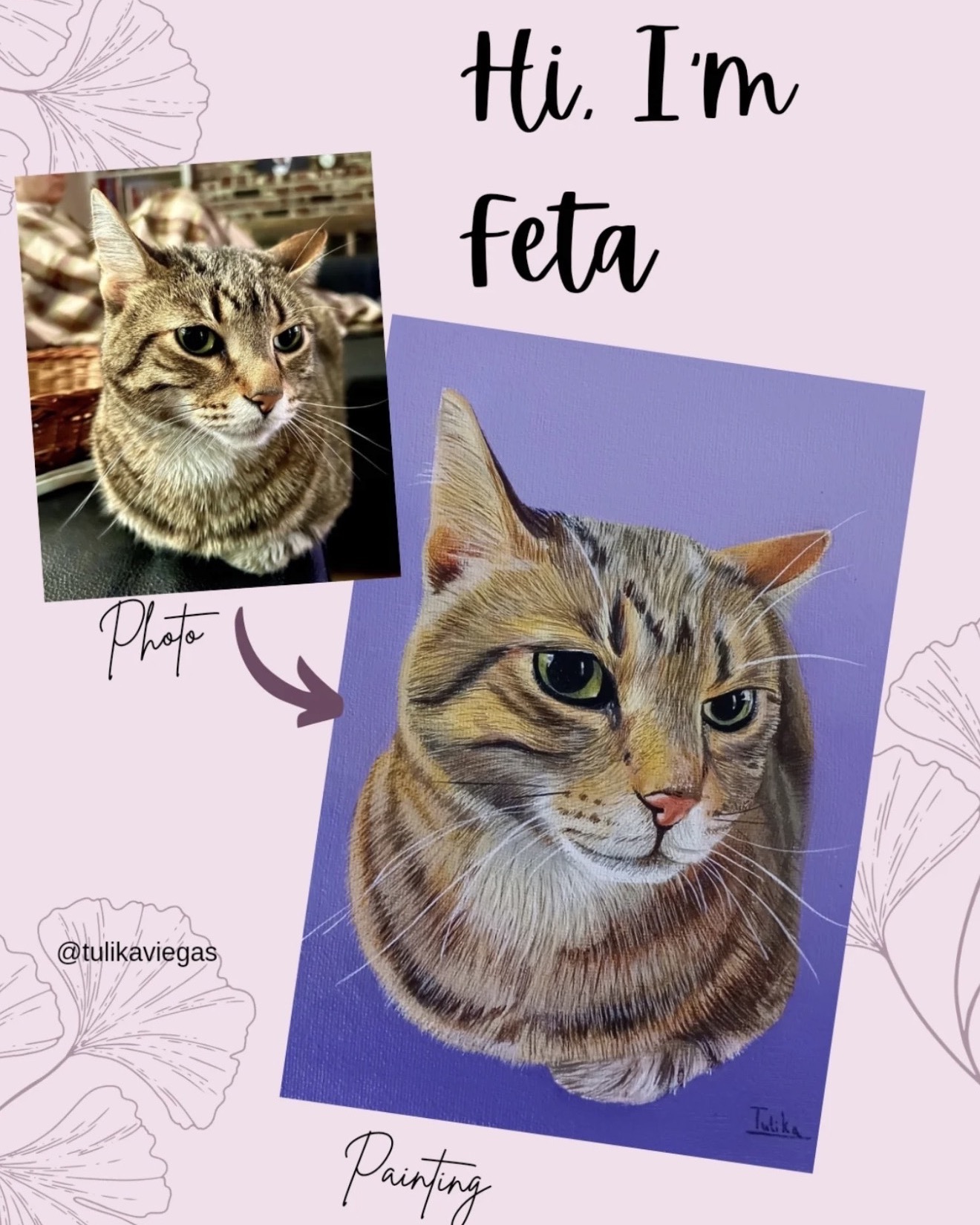 Tabby cat named Feta hand-painted as a mini pet portrait by Tulika Viegas