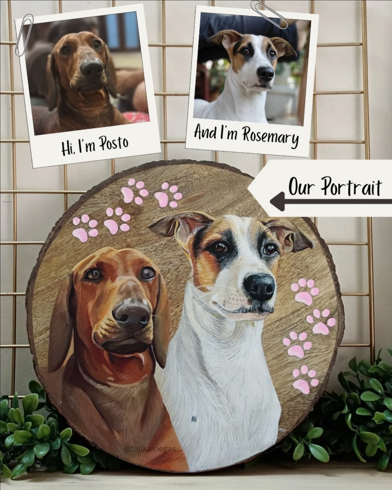 Posto and Rosemary two-dog portrait painted on a round wood slice by Tulika Viegas