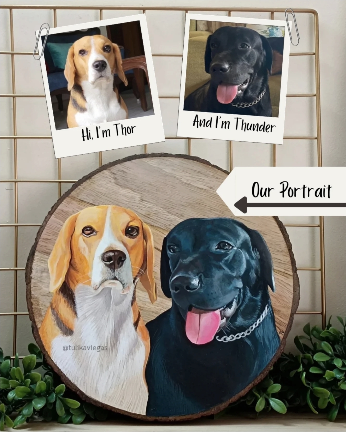 Thor and Thunder two-dog pet portrait painted on a round wood slice by Tulika Viegas