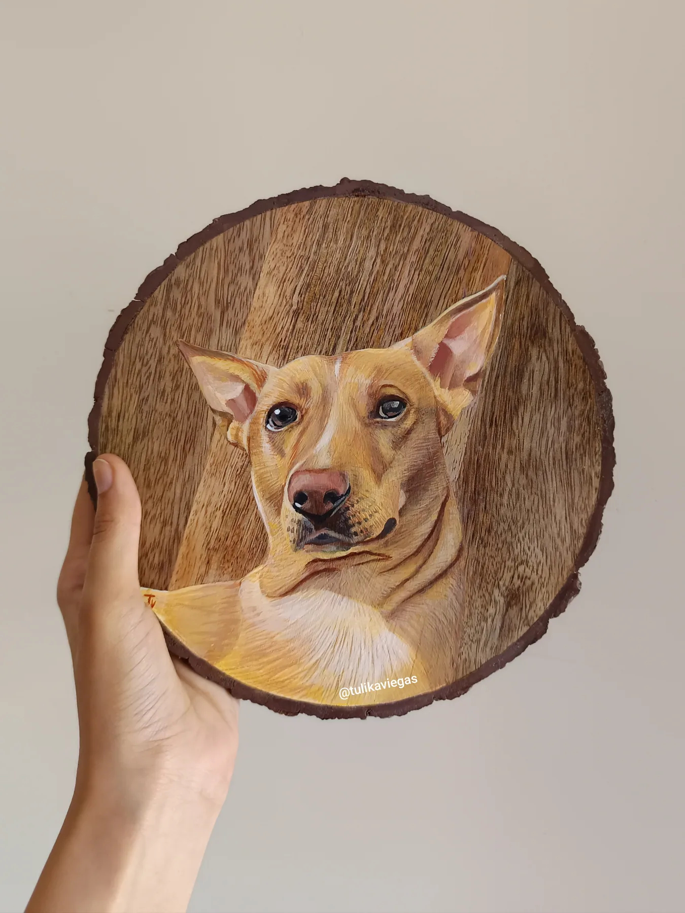 Round wood slice painting of a tan dog with alert ears, held in hand as a warm custom pet portrait sample.